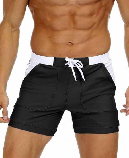 Men's Swim Square Leg Swimsuits Solid Basic Long Swim Board Shorts with Pockets