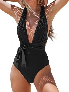 Womens One Piece Swimsuit Sexy Deep V Neck Bathing Suit Crisscross Back Self Tie
