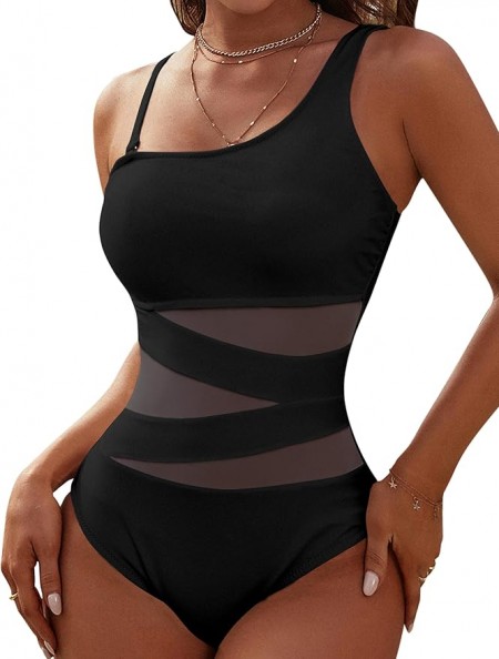 Womens Sexy 1 Piece Bathing Suits One Shoulder Swimsuits Slimming Mesh Swimwear