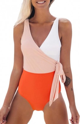 Womens Bikini One Piece Swimsuit Wrap Color Block Tie Side Bathing Suit