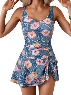 Womens Swim Dress Swimsuits Tummy Control One Piece Swimwear Skirt V Neck