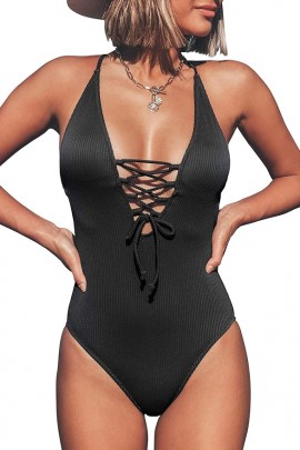 Womens Solid Color V Neck Lace Up Sexy One Piece Swimsuit Bathing Suits