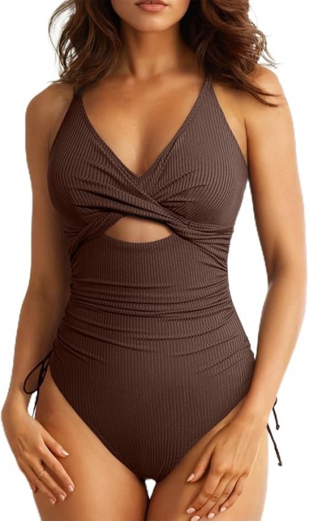 Womens Ribbed 1 Piece Swimsuit Tummy Control High Cut Sexy V Neck Criss Cross Monikini