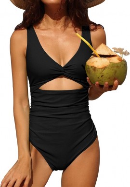 Womens 1 Piece Swimsuit Ruched Tummy Control High Cut Backless V Neck Bathing Suits
